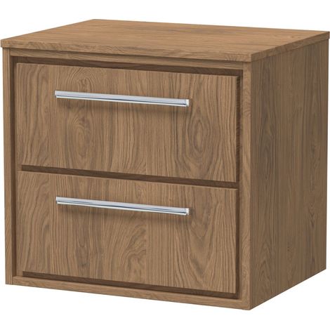 Longnor 2 Drawer Wall Hung Vanity Unit with Worktop, Antique Oak, 600mm