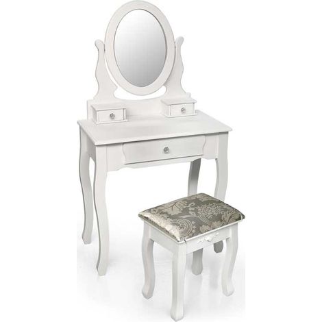 CONSOLLE PER MAKE UP CON SGABELLO E SPECCHIO TONDO 70X40X132CM COLORE BIANCO (1/2)