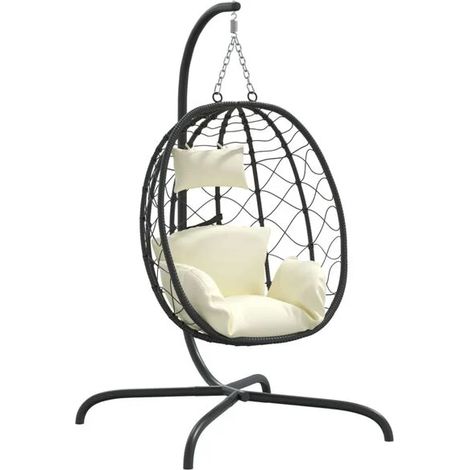 Fauteuil suspendu avec coussins en rotin polyéthylène et structure en acier blanc cassé. (1/5)