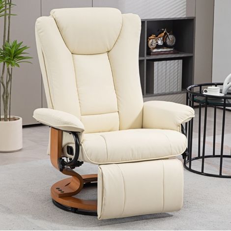 Fauteuil relax pivotant 78x88x103 cm blanc crème en cuir synthétique avec repose-pieds et dossier inclinable (1/4)