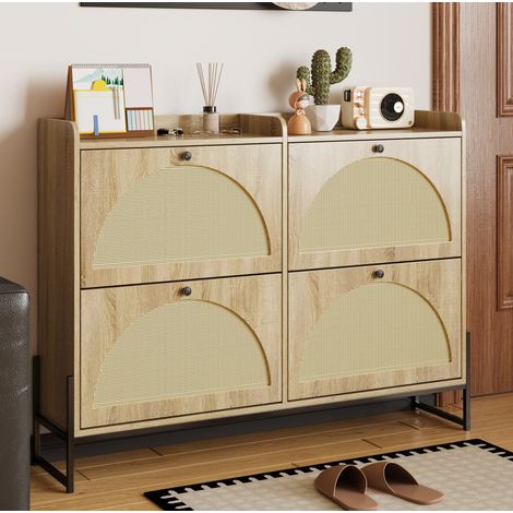 Schuhschrank aus Spanplatte, Natur, Türen aus PE-Rattan, 121 x 25 x 91,5 cm, platzsparend (1/5)