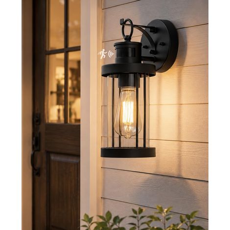 Applique Murale Exterieur avec Détecteur de Mouvement, Noir Lampe Murale Industrielle, E27 Porche Luminaire Exterieur Lanterne avec Capteur de Mouvement IP44 pour Jardin Entrée Patio Yard (1/5)