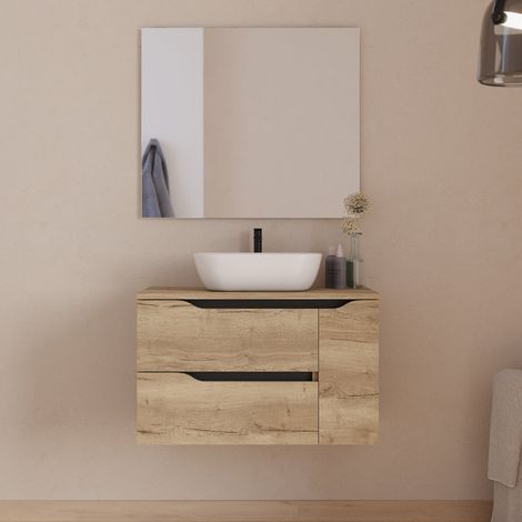 Meuble de salle de bain 80cm avec plateau, vasque à poser centrée Zeus et miroir - 2 tiroirs et un placard - madera miel (bois clair) - ZARZA