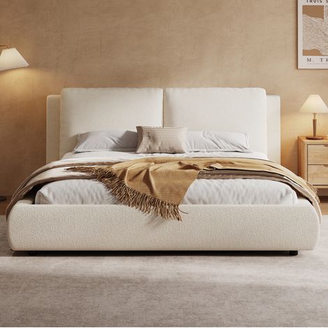 lit adulte double coffre rangement 180x200 bouclé beige HAVRYA (1/5)