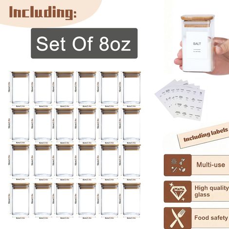 Lot de 24 pots à épices en verre borosilicate haute densité avec étiquettes et couvercles en bambou, contenant à épices avec 72 étiquettes imprimées et 20 étiquettes manuscrites, pots carrés vides pou (1/5)