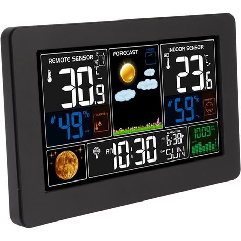 Wetteruhr mit großem Farbdisplay, Multifunktionsanzeige für den Innen- und Außenbereich, Anzeige von Temperatur, Luftfeuchtigkeit und Luftdruck, EU-Stecker 100–240 V (1/5)