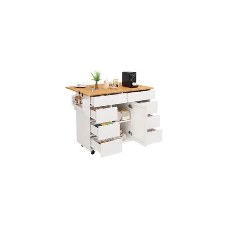 Buffet Cuisine,Armoire de Cuisineavec Roulettes et Plan de Travail,8 Tiroirs,Extensible,Roulettes Freinées,Blanc (1/5)