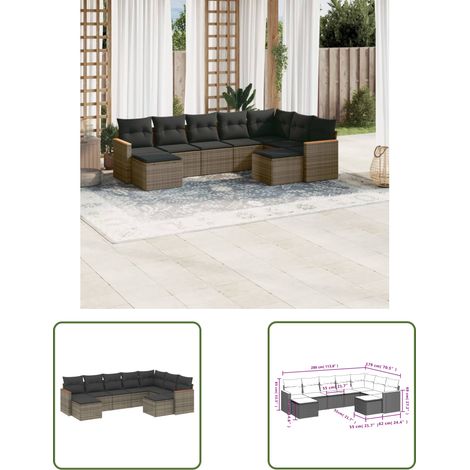 The Living Store 9-tlg. Garten-Sofagarnitur mit Kissen Grau Poly Rattan - Gartenmöbel - Sofagarnitur - Rattan Möbel - Outdoor Möbel - Lounge Set (1/3)