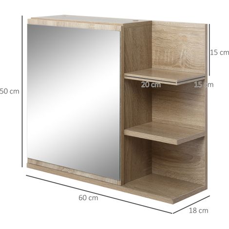 Miroir de salle de bain mural avec porte, 3 étagères en bois sur le côté, 60 x 18 x 50 cm (1/5)