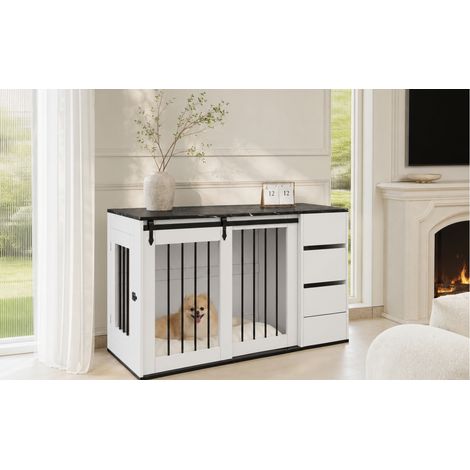 Caisse pour chien blanche 2-en-1 140x60x87 cm en bois et métal avec plateau effet marbre, table d'appoint pour salon et chambre (1/5)