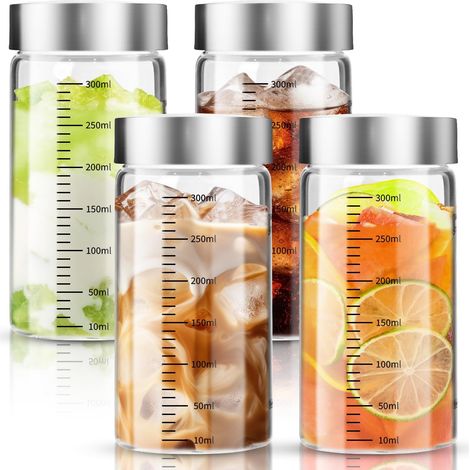 Lot de 4 Bouteilles en Verre,300 ml,Couvercle Acier Inoxydable,Graduation Mesure,Borosilicate,Jus Smoothies Café (1/5)
