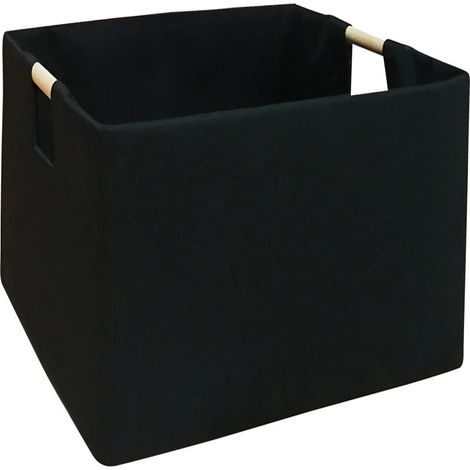 Panier de rangement pliable : 42 x 31 x 17 cm, en lin avec poignées en bois – Organisateur pliable et robuste pour placard et bureau – Noir (1/5)