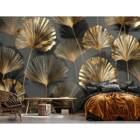 Fototapete Blätter Abstrakt Gold, für Wohnzimmer und Schlafzimmer, 150 x 105 cm – Komplettset inkl. Kleister & Anleitung (1/5)