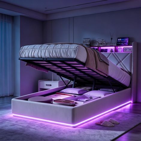 Letto singolo 90x200 cm – Letto contenitore – Interfaccia USB + Type-C – Illuminazione a LED – Cassetto contenitore nella testiera – Lino beige (1/5)