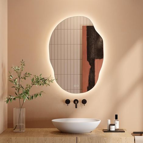Dripex Miroir Salle de Bain 65 x 91cm, Miroir Asymétrique Salle de Bain avec éclairage LED, Interrupteur Tactile, Lumière Réglable 3 Couleurs, Anti-buée, Mémoire