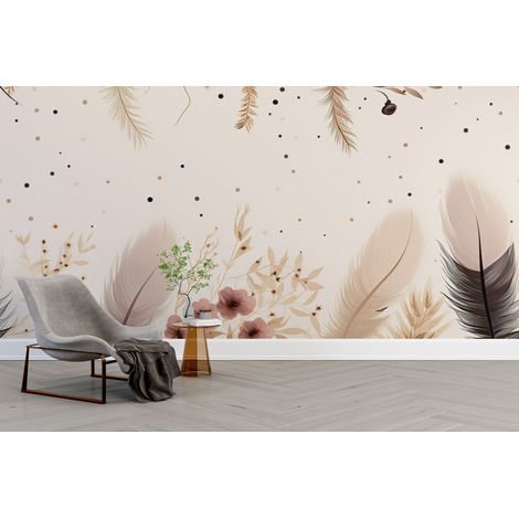 Papier peint boho - pluie de fines plumes légères beige - 150 x 250 cm (1/2)