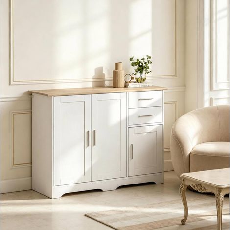 Credenza con 2 cassetti e 2 armadietti 100 x 40 x 78 cm bianco e legno naturale OKWISH (1/5)