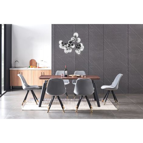 Cosmo LUX Sofia Esszimmer-Set – ein Esstisch aus Walnussholz und ein Set mit 6 hellgrauen Samtstühlen – Esszimmer Küche (1/5)