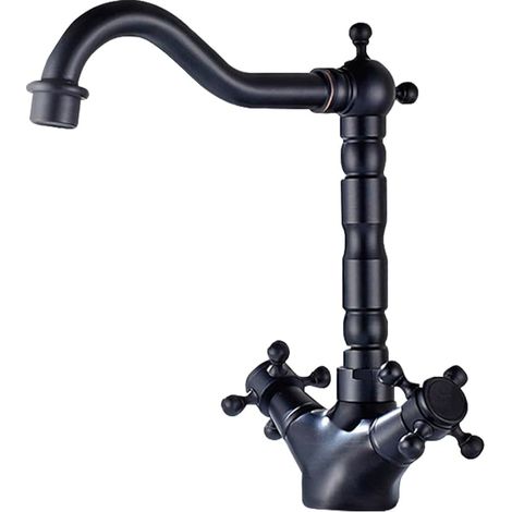 Grifo de cocina de doble manija en forma de cruz, de latón, montado en la cubierta, de un solo orificio, grifo de agua fría y caliente (negro, corto) (1/5)