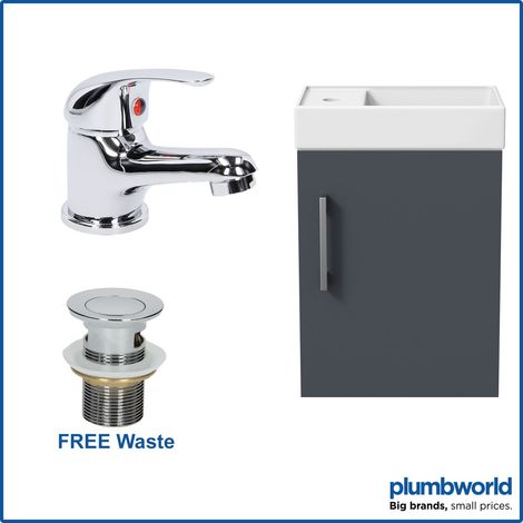 400mm Bathroom Basin Sink Vanity Unit Wall Hung Grey Curved Mixer Tap FREE Waste