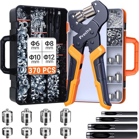 Pince à Oeillets à Cliquet avec 4 Têtes Changement Rapide, Coffret, 370 Oeillets pour Bâches (6/8/10/12mm), 4 Poinçons et Poignée Ergonomique. Idéal pour Toile, Cuir et Tissus Épais (1/5)