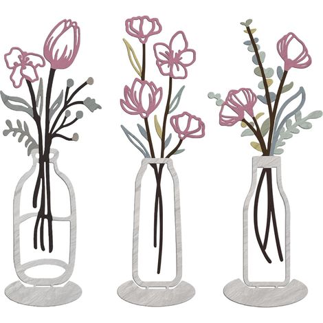 CCYKXAShuqio Ensemble décoratif mural en métal 3 pièces Fleurs avec vases Sculptures murales, vase mural rose pastel pour cuisine,salon,décoration de bureau (1/5)