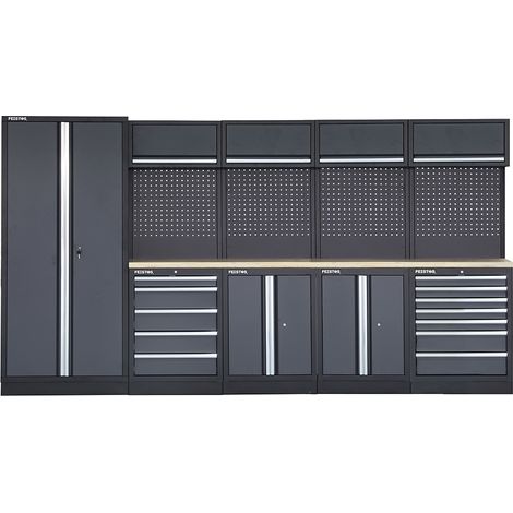 FEISTOS Equipement d'atelier Armoire à outils Apollo 17 Paroi perforée incluse Gris/Noir 364x46x200 cm