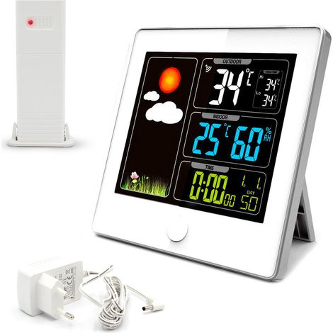 Fishtec – Station météo sans fil couleur – Écran LCD 3 couleurs – Capteur extérieur jusqu'à 60m – Alimentation secteur ou 2 piles AAA