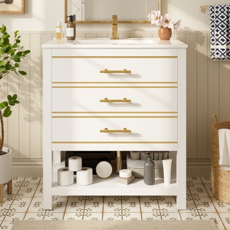 Mobile lavabo in MDF bianco e oro con lavabo in ceramica, 76 cm, a pavimento con 2 cassetti e vano aperto (1/5)