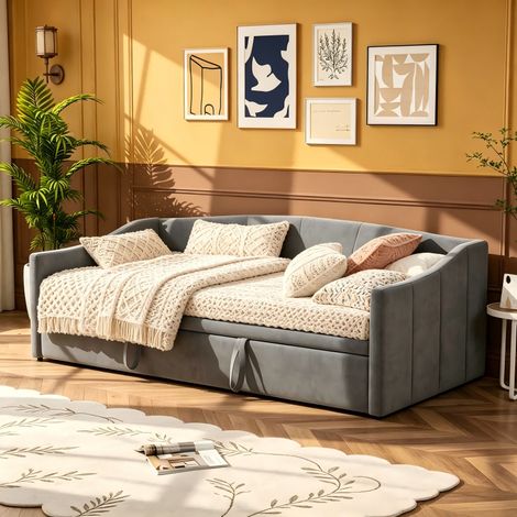 Canapé-lit 2 en 1 convertible, Lit avec dossier, cadre de lit, lit double 90x200 avec sommier, lit 2 Personnes, tête de lit rembourré, pour salon et chambre à coucher, gris, MDF, sans matelas