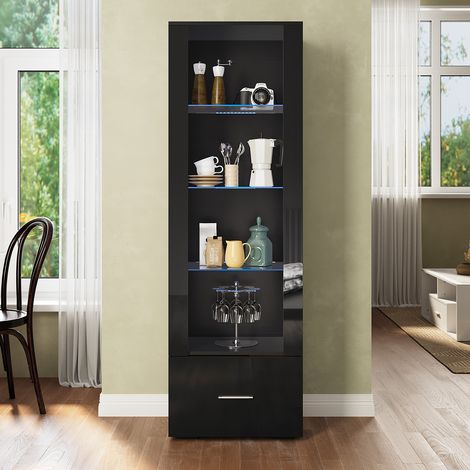SONNI Vitrine mit LED-Beleuchtung, Glasvitrine mit Schubladen, Hochglanzfront, Bücherregal Offener Vitrinenschrank schwarze B550 x T350 x H1720 mm (1/5)
