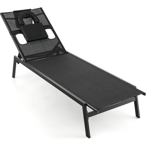 GOPLUS Chaise Longue-Bain de Soleil avec Trou pour Visage avec Dossier Réglable à 5 Niveaux et Oreiller Amovible Charge 150KG Noir (1/5)