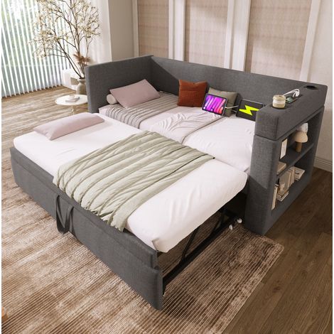 Divano letto estraibile 90x190 cm, braccioli reversibili, 3 USB e 1 Type C, 2 portabicchieri, cotone e lino grigio (1/5)