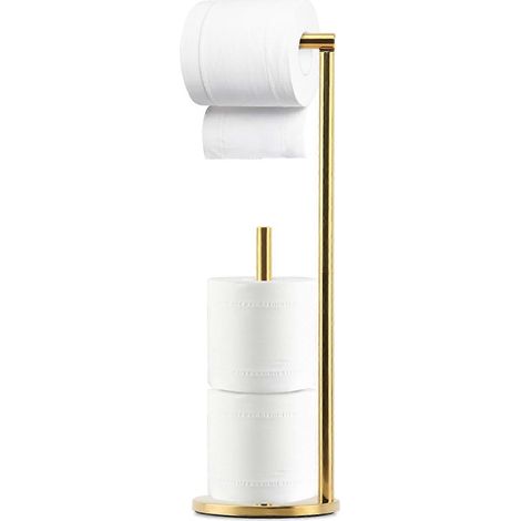 Porte-papier toilette sur pied en laiton brossé avec rangement, support pliable doré et base lestée. (1/5)