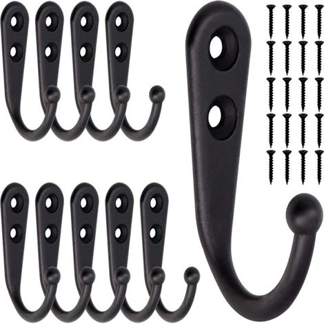 Lot de 10 petits crochets noirs à fixer au mur avec 20 vis pour suspendre sacs, peignoirs, serviettes et clés. Gain de place garanti (1/5)