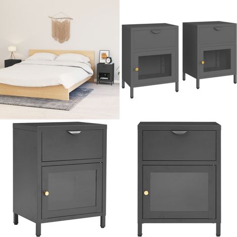 Nachttische 2 Stk. Anthrazit 40x30x54,5 cm Stahl und Glas - Nachttisch - Schreibtischlampe - Wohnzimmer Deko - Sideboard - Bettgestell - Home & Living (1/5)