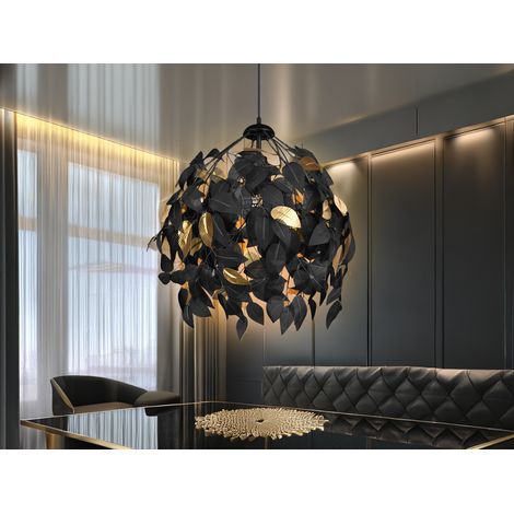 LED Pendelleuchte mit Blätter Lampenschirm Schwarz Gold, Ø 38cm (1/5)