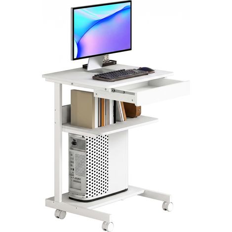 Bureau d'ordinateur sur roulettes, bureau avec rangement 56 x 51 cm avec tiroir, compartiment et support pour unité centrale, blanc (1/5)