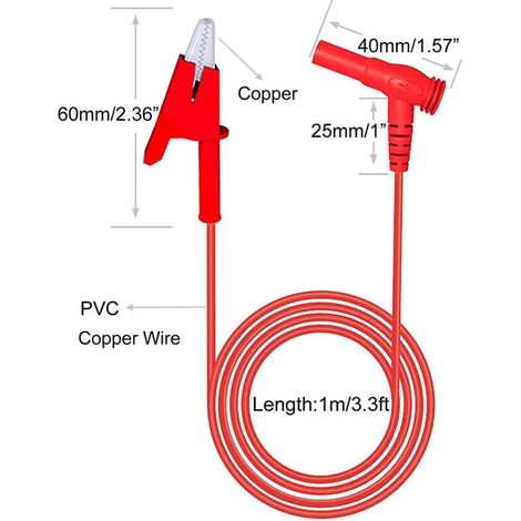 Test multimètre 2 pièces, câbles de Test souples à Angle droit vers pinces crocodile pour les tests électriques 3,3 pieds/1m (1/3)