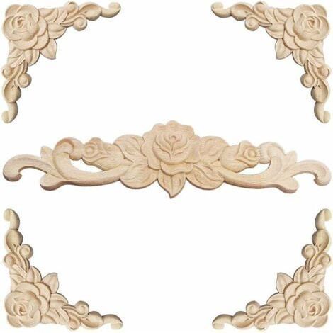 Dekorative Holzleiste, 5 Stück, Holzskulptur, dekorative Holzleiste, Applikation, Rosettenleiste, dekorativer floraler, aus Holz geschnitzter Aufkleber, dekorative geschnitzte Ecke für die Möbeldekora (1/5)