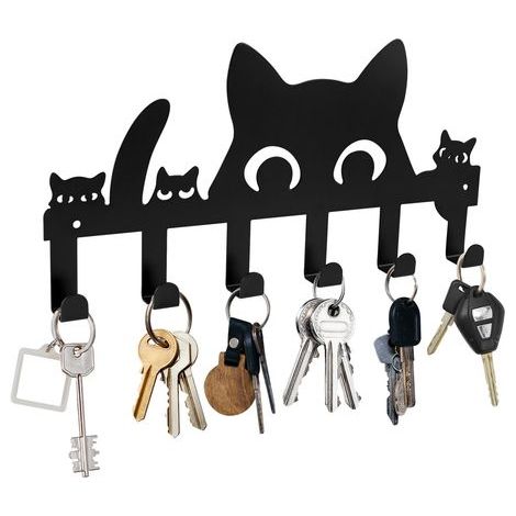 Porte Clé Mural Chats, Animaux Crochet à Clé Autocollant, Porte Clef Mural avec 6 Crochets, étagère Sans Perçage Porte Clés Mural Deco, Polyvalent Métal Accroche Clef Mural, Convient Maisons(Noir)