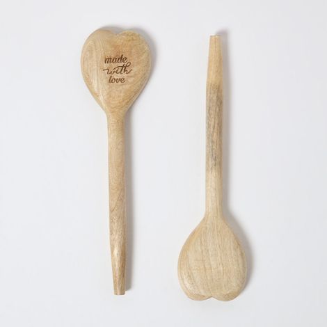HOMESCAPES Mango Wood Heart-Shaped Spoons Set of 2 – Made with Love
