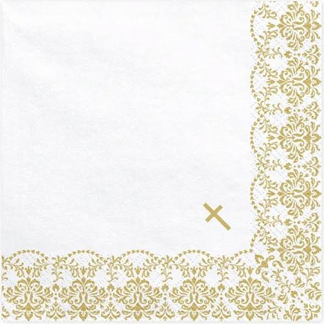 Kommunionservietten Weißgold Ornament Heiliges Kommunionkreuz 33x33cm 20 Stück. (1/4)