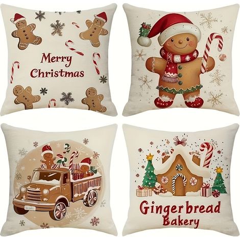 Lot de 4 housses coussin Noël 50x50 cm, taies décoratives avec motifs gourmands de Noël pour canapé et salon (1/5)