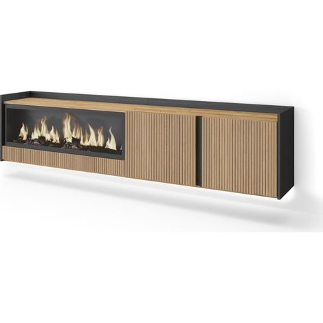 Skraut Home - TV-Schrank, Lowboard, für Wohnzimmer und Esszimmer, 212x50x35 cm, Für TV-Geräte bis zu 80", Elektrokamin XXL, Hängend, Led, Moderner Stil, Eiche Schwarz (1/4)
