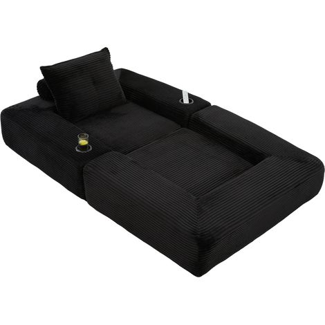 Sofá Cama 1 Plaza en Tejido de Pana, con Bolsillos Laterales y Portavasos, Negro (1/5)