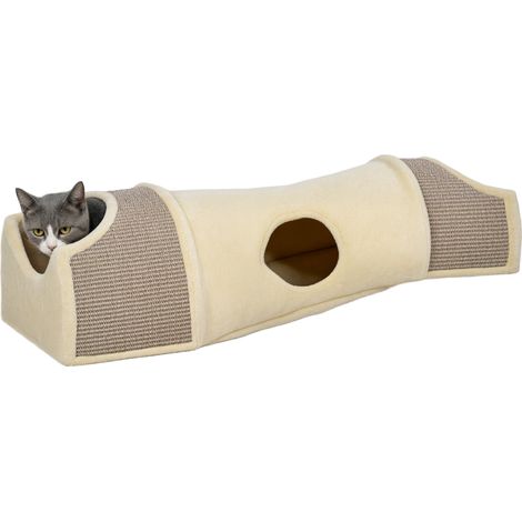 Katzentunnel, Katzenspielplatz mit 2 Sisalnischen und Türöffnungen, für den Innenbereich, 107 x 38 x 29 cm (L x B x H), beige