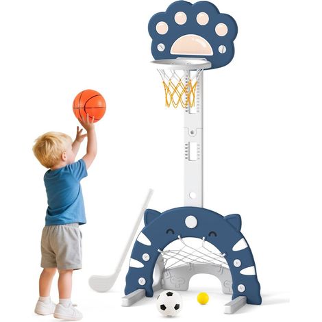Portique de basket 3 en 1 enfant bleu foncé avec panier amovible et hauteur réglable de 64 à 125 cm pour jardin, cour et intérieur (1/5)