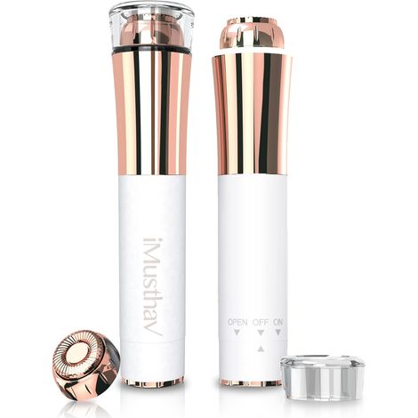 Mini tondeuse portable pour poils du visage, lèvres et menton pour femme, stylo épilateur indolore avec tête rotative hypoallergénique plaquée or 18 carats. Lumière 360° pour une épilation instantanée (1/5)
