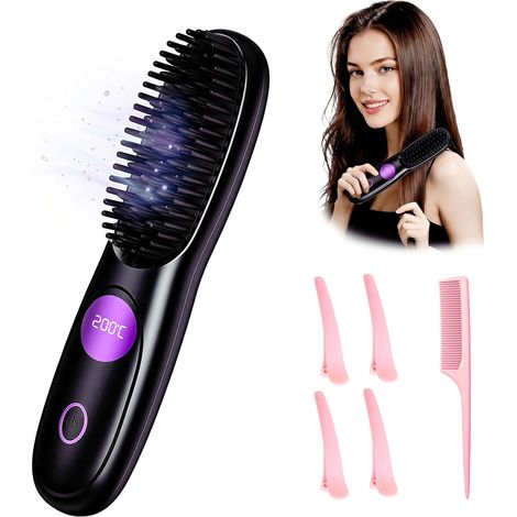 Brosse Lissante Sans Fil, Lisseur Cheveux Portable et Brosse Chauffante 3-en-1 avec Ions Négatifs, Peigne Chauffant Anti-Brûlure pour Travel, Fer à Lisser Rechargeable USB-Noir perle (1/5)